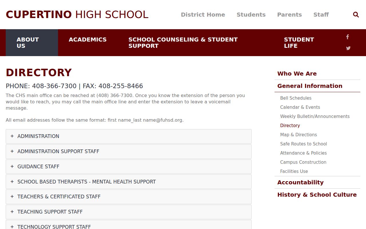Cupertino people directories high school staff names roles and phone fields