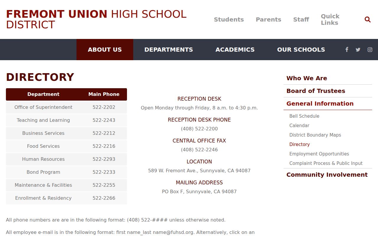Cupertino people directories Fremont Union High School District contacts