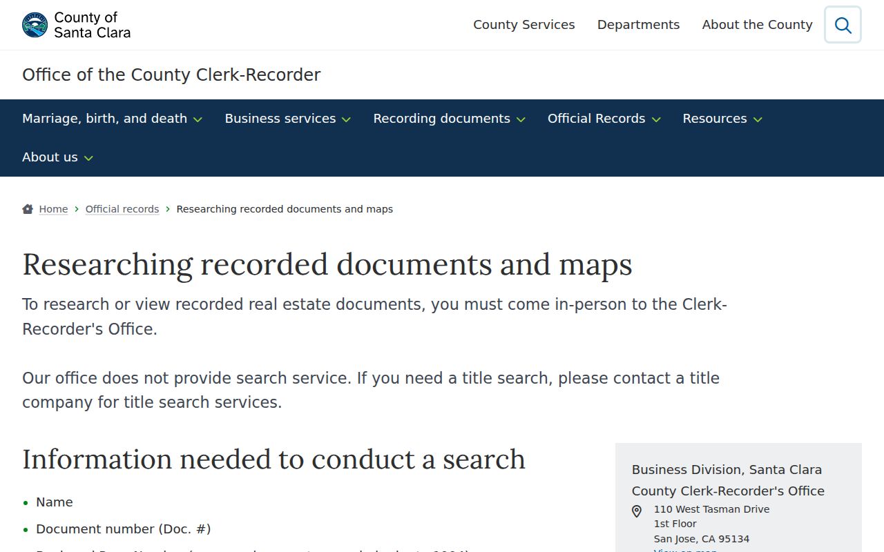 Cupertino public records Clerk-Recorder in-person research page