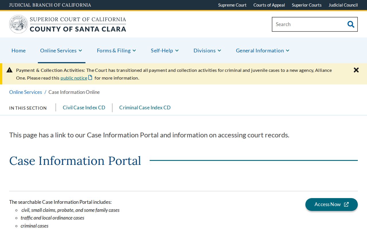 Cupertino public records Santa Clara court case information page