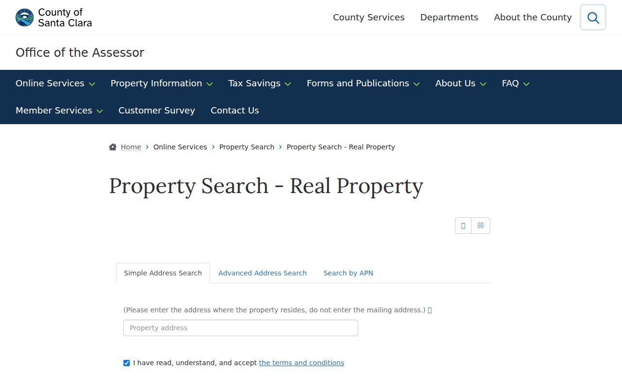 Cupertino public records Santa Clara assessor search page