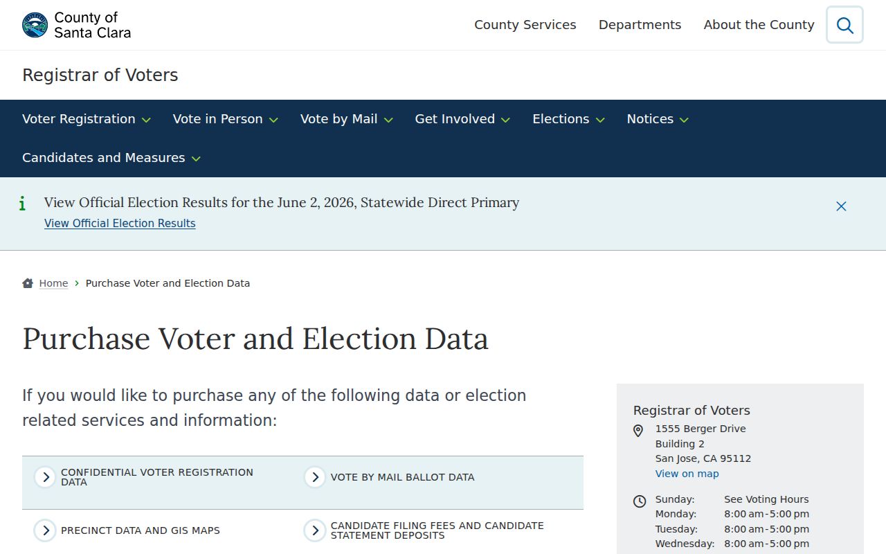 Cupertino voter registration records voter data request page for Santa Clara County